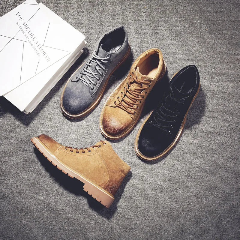 

Xin yi da England Fashion Big Head Leather Boot Versatile Trend Short Boots Workwear Hight-top Men's Boot plus Velvet Cotton Boo