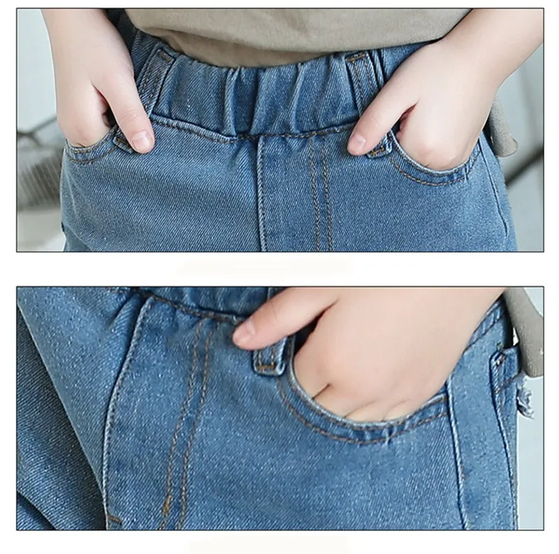 Короткие повседневные однотонные детские джинсы с эластичной резинкой на талии; модные мягкие джинсы в Корейском стиле для девочек; мягкие уличные джинсы для девочек