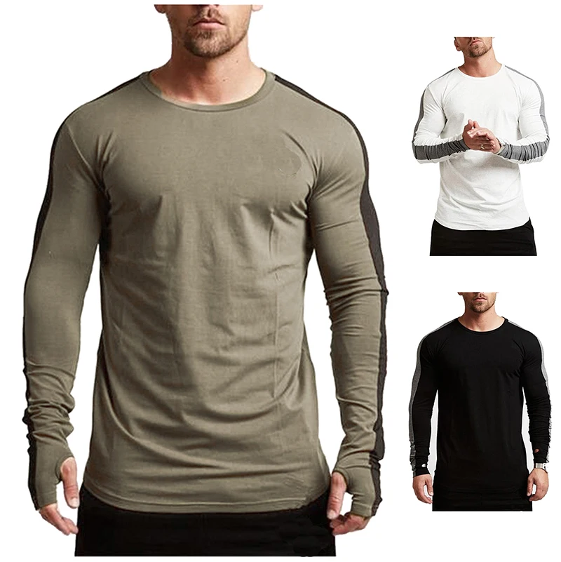 Nice Spring New Men Stitching Round Neck long-sleeved T-shirt Men self-cultivation Sports T-shirt Men Clothing Tops