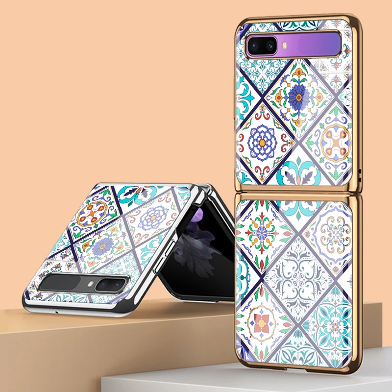 Z Flip 3 Funda Case for Samsung Galaxy Z Flip 3 Z Fold 3 Colorful Carving Pattern Plating Tempered Glass Coque Phone Case Cover phone dry bag