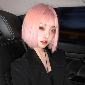 

MANWEI Pink Short Wigs Bob Style Straight Synthetic Black Women's Wig with Bangs 14 Inches Soft Hair Blonde Wig