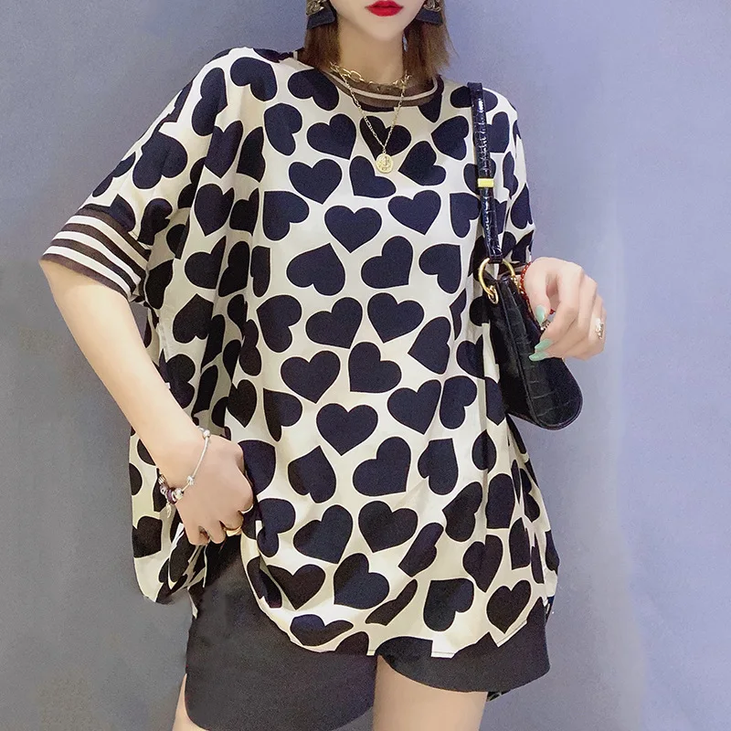 

Women Satin fake Silk shirt Summer Heart printed Shirt larg Size Loose O Neck Short Sleeves Ladies Fashion Flare Tops Long Shirt