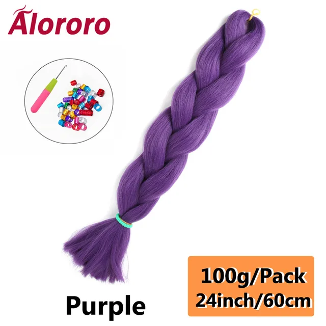 Alororo Synthetic Kanekalon Hair 24 Inch Ombre Extensions Hair for Braids Afro Blue Pink Purple Crochet Braiding Hair Wholesale 24inches-Purple