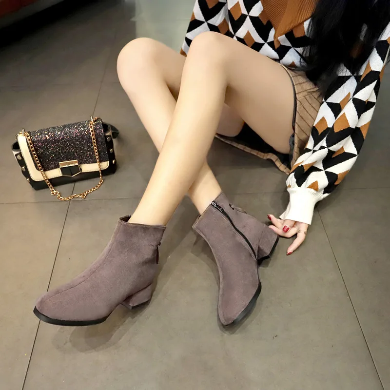 

WOMEN'S Boots 2019 New Style Autumn & Winter Semi-high Heeled Martin Boots Suede Students Versatile Korean-style round-Toe Squar