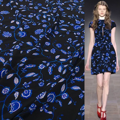 Синий цветочный принт с черным дном 100% чистый шелк крепкий ширина 137 см SCDC1121 | Дом