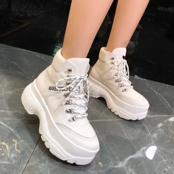 

New white casual women's shoes leather platform high-top brand boots autumn and winter fashion comfortable graffiti lace booties