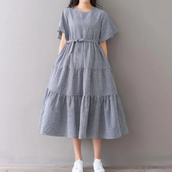 Mori girl robe Femme Ete, винтажное повседневное Свободное длинное платье в клетку для лета, элегантное Хлопковое платье миди с рюшами для женщин DA942