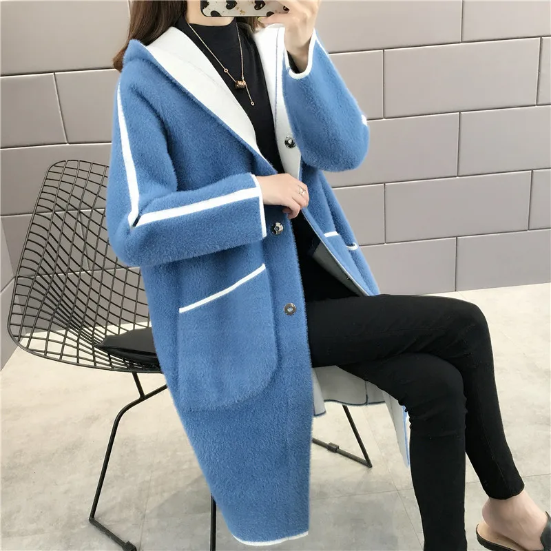 Best Price Women Sweaters Autumn Winter Double Size Wear Sweater Thick Warm Knitwear Hooded Cardigans Plus Size Faux Mink Fur Knit Sweater