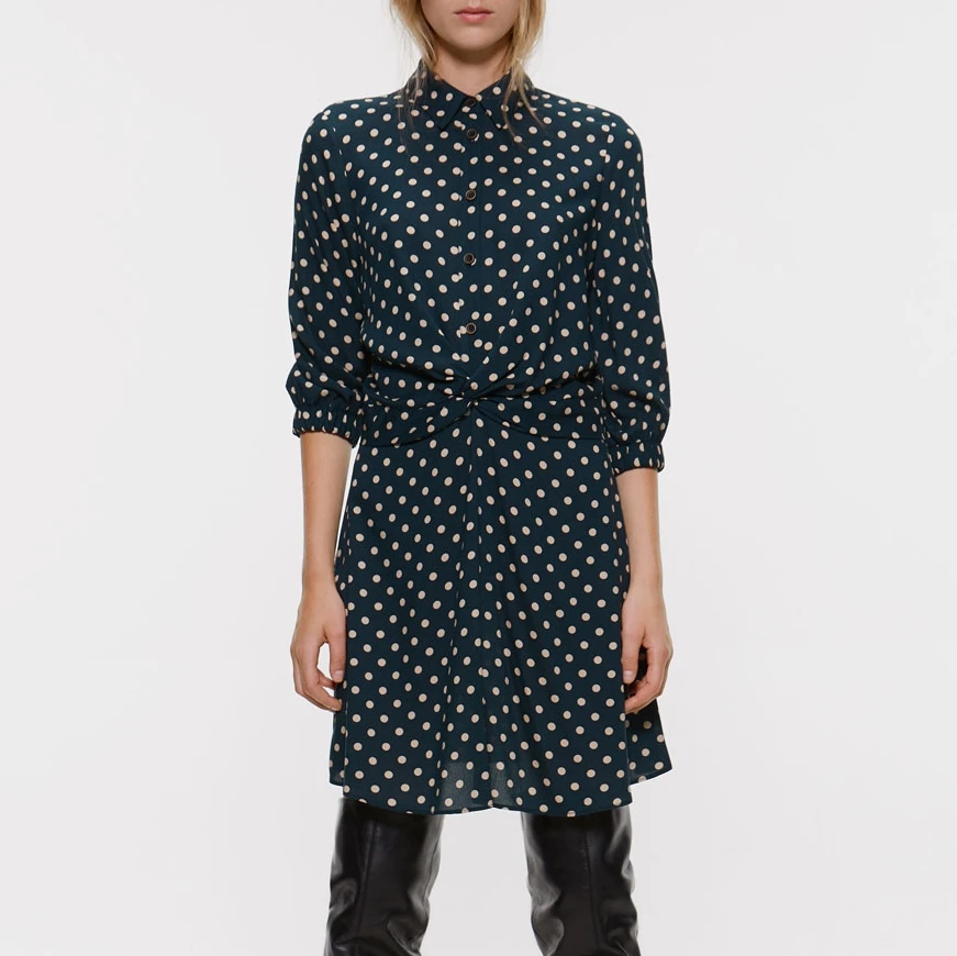 

2019 Autumn New Clothes Wave Point Women Dress Straight Three Quarter Button Above Knee, Mini Office Lady Shirt Dress