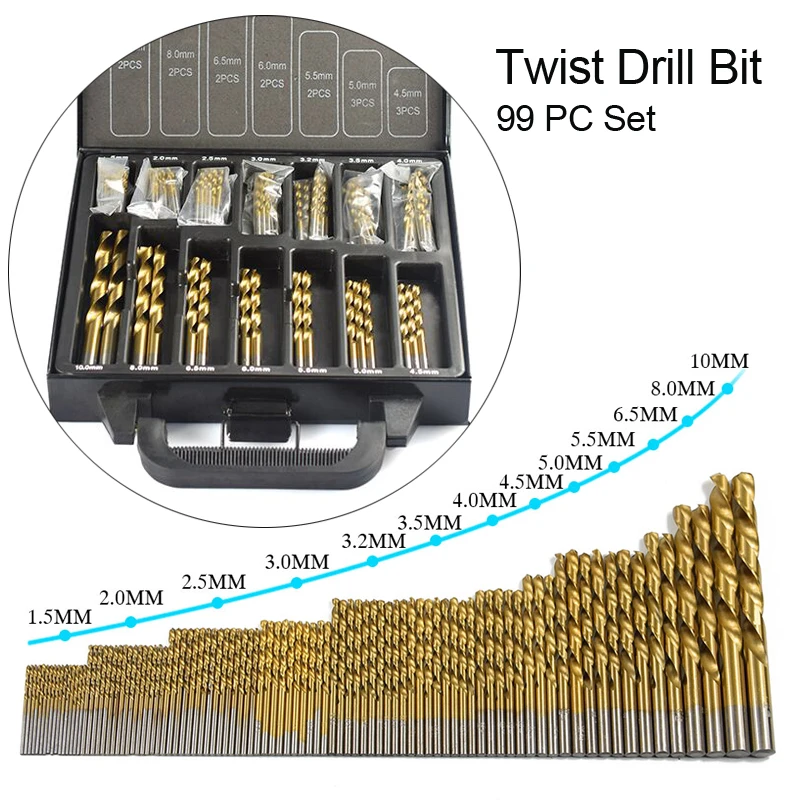 

99PCS Hole Opener HSS Twist Drill Bits Set 1.5-10mm Titanium Coated Surface 118 Degree For Drilling Woodworking Hand Tool Set