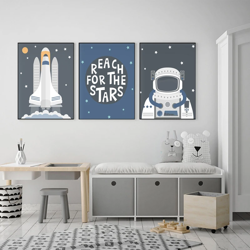 

Cartoon Astronaut Spacecraft Wall Art Canvas Poster Nursery Quotes Print Nordic Painting Picture Kids Living Room Decoration