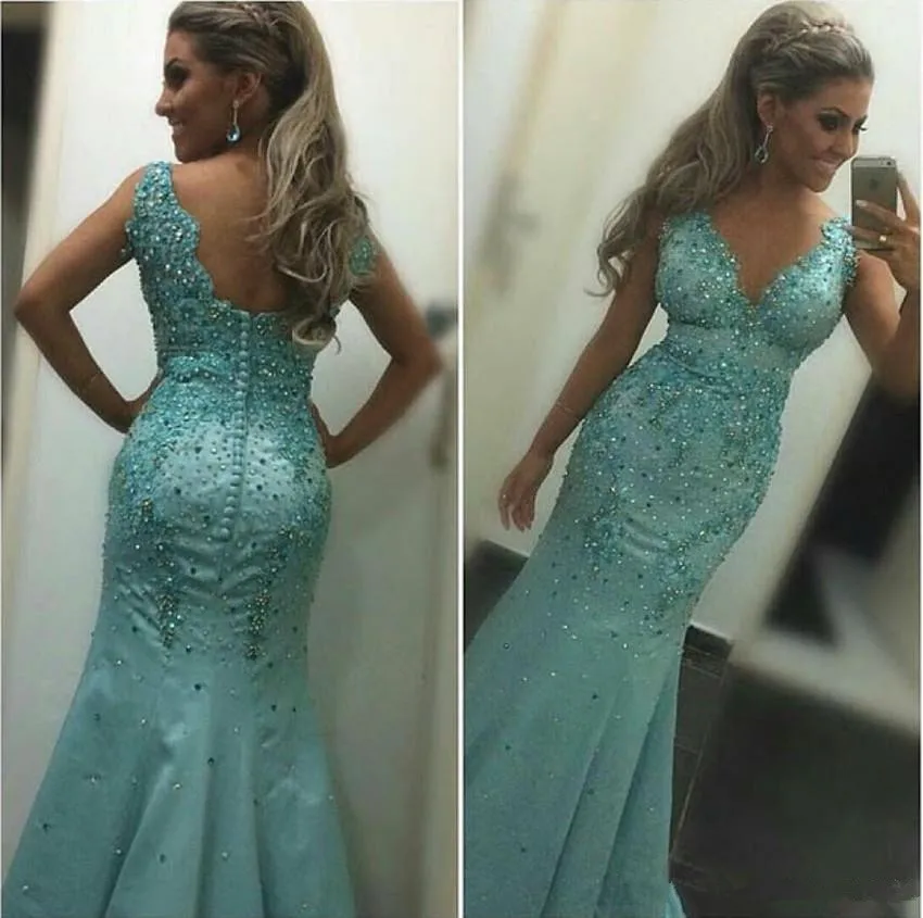 

Vintage Mermaid Formal Evening party gown V Neck Sequins Crystal Appliques Backless Long Prom Dresses 2019 Mint Blue prom dress