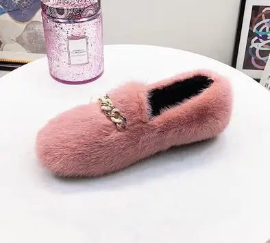 Pale Mauve Серые женские теплые туфли без каблуков с цепочкой из меха норки; повседневные Мокасины без застежки; черные зимние лоферы; обувь; желтые эспадрильи; Zapatos - Цвет: Pale Mauve
