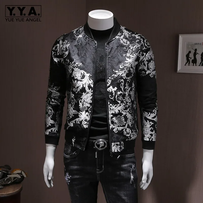 Fashion Mens Floral Embroidery Bomber Jacket Casual Slim Fit Streetwear Coat Stand Collar Spring Vintage Jacket Plus Size 5XL