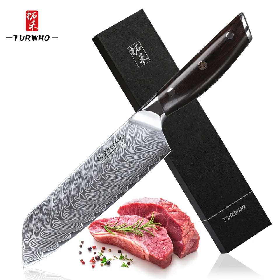 TURWHO, 7 дюймов, японские ножи шеф-повара, дамасская сталь, ножи Santoku, для мяса, фруктов, овощей, Профессиональный кухонный нож