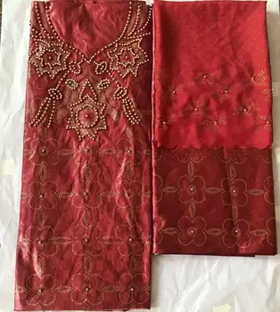 

Red color embroidered bazin riche getzner with tulle lace fabric African Bazin fabric for women dress