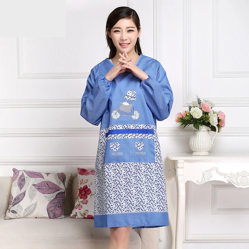 

Wrap Whole Body Apron Blue Cartoon Kit Long Sleeves Work Cloth Lattice Kitchen Waterproof Oil Proof Restaurant Cook Baking Bib