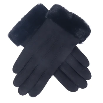 

Winter Female Double Thick Plush Wrist Warm Cashmere Cute Cycling Mittens Women Suede Leather Touch-Screen Driving Glove Black