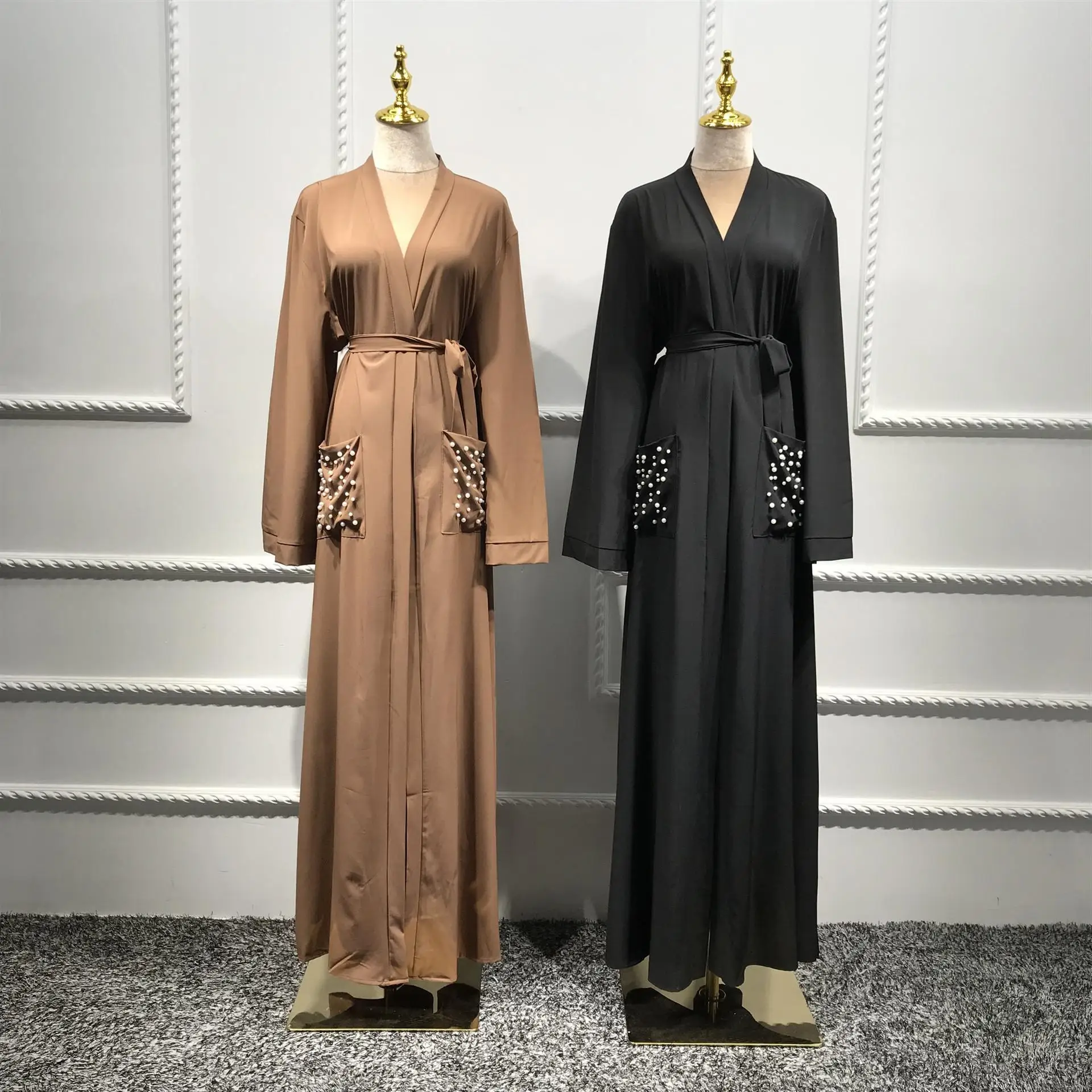 Дубай abaya открытый передний кардиган мусульманские женщины Кимоно длинное платье-Кафтан Jilbab Исламская одежда бисерные карманы модные платья