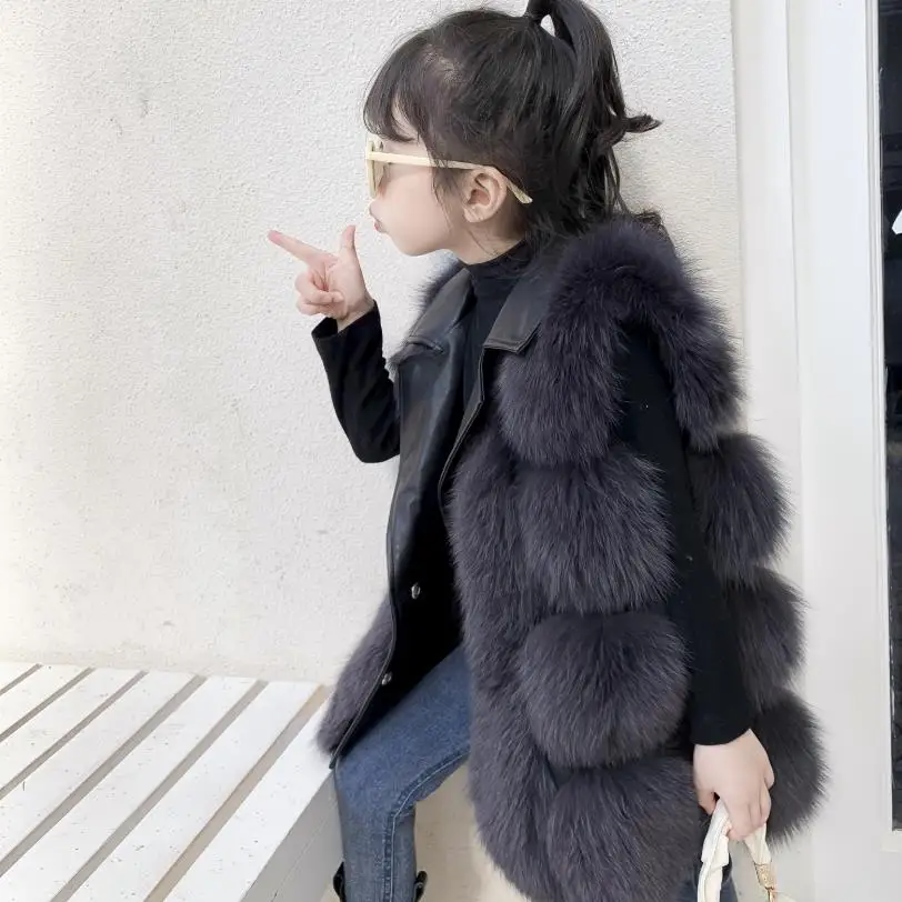 US $113.24 Luxury Children Fur Coat Winter Real Natural Fox Fur Waistcoat PU Stitching Warm Fox Fur Vest Jackets For Girls Y3470