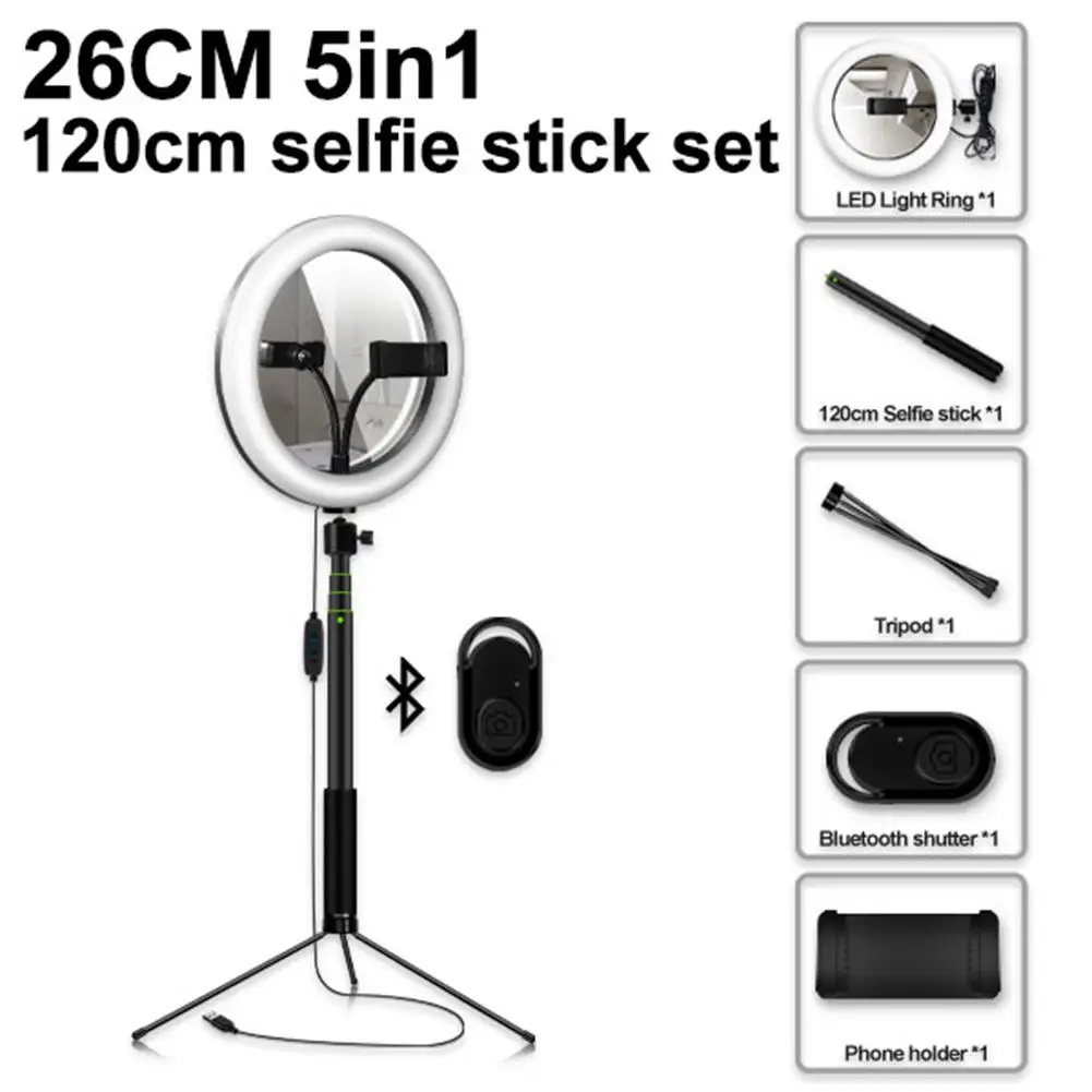 

Fill Light Selfie With Mirror Stick Tripod Mobile Phone Clip Bluetooth Remote Control Desktop Ground Ring Light Set For Live Vid
