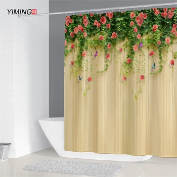 

Bathroom waterproof shower curtain wall with red rose flower 3D polyester anti-mold household decoration with hook curtain