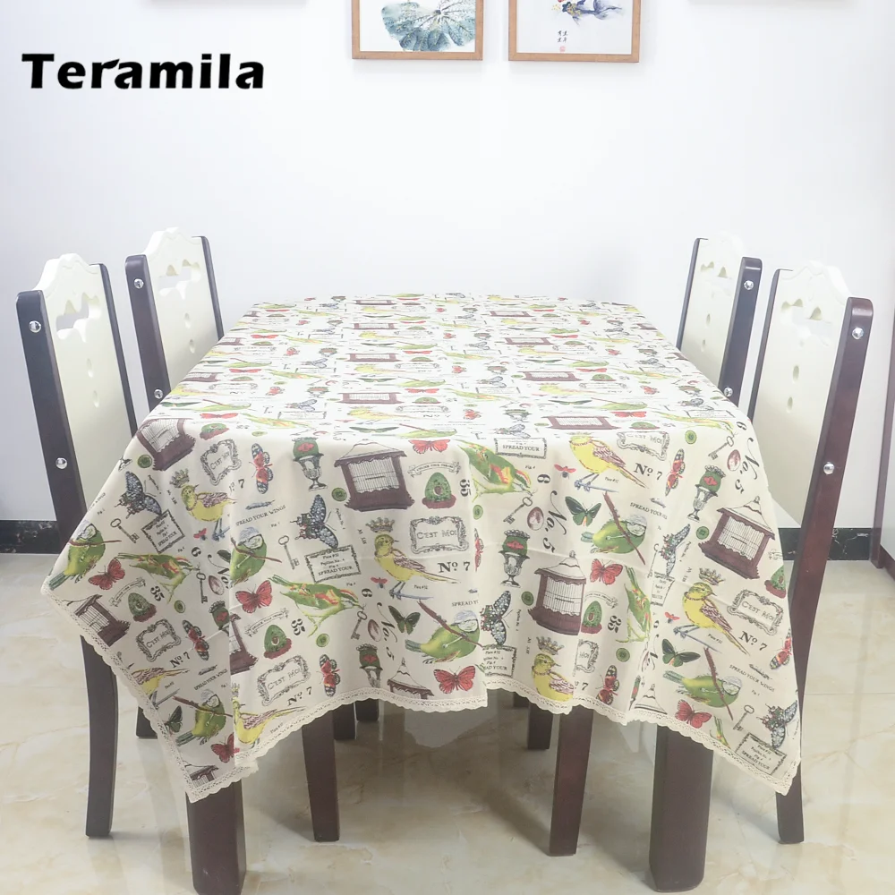 Teramila Dining Rectangular Tablecloth Thick Linen Table Cloth Cover Bird Butterfly Design With Lace For Party Kitchen Wedding