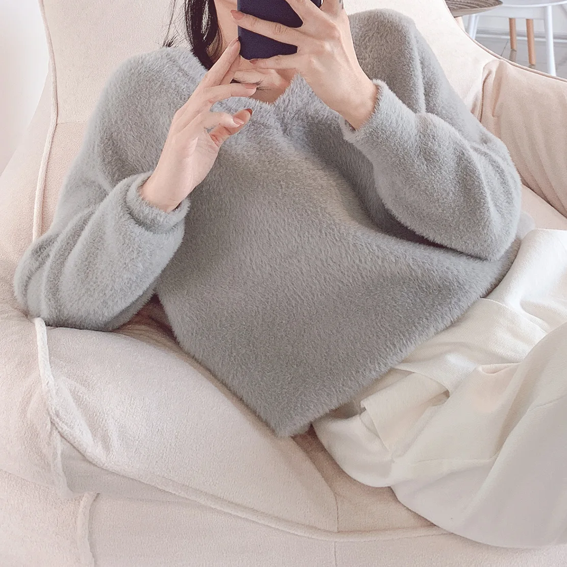 Women Sweater Pullover Faux Fur Long-Sleeve Knit Sweater Women's Pullover Stitching Korea Casual Sweater Women Autumn and Winter
