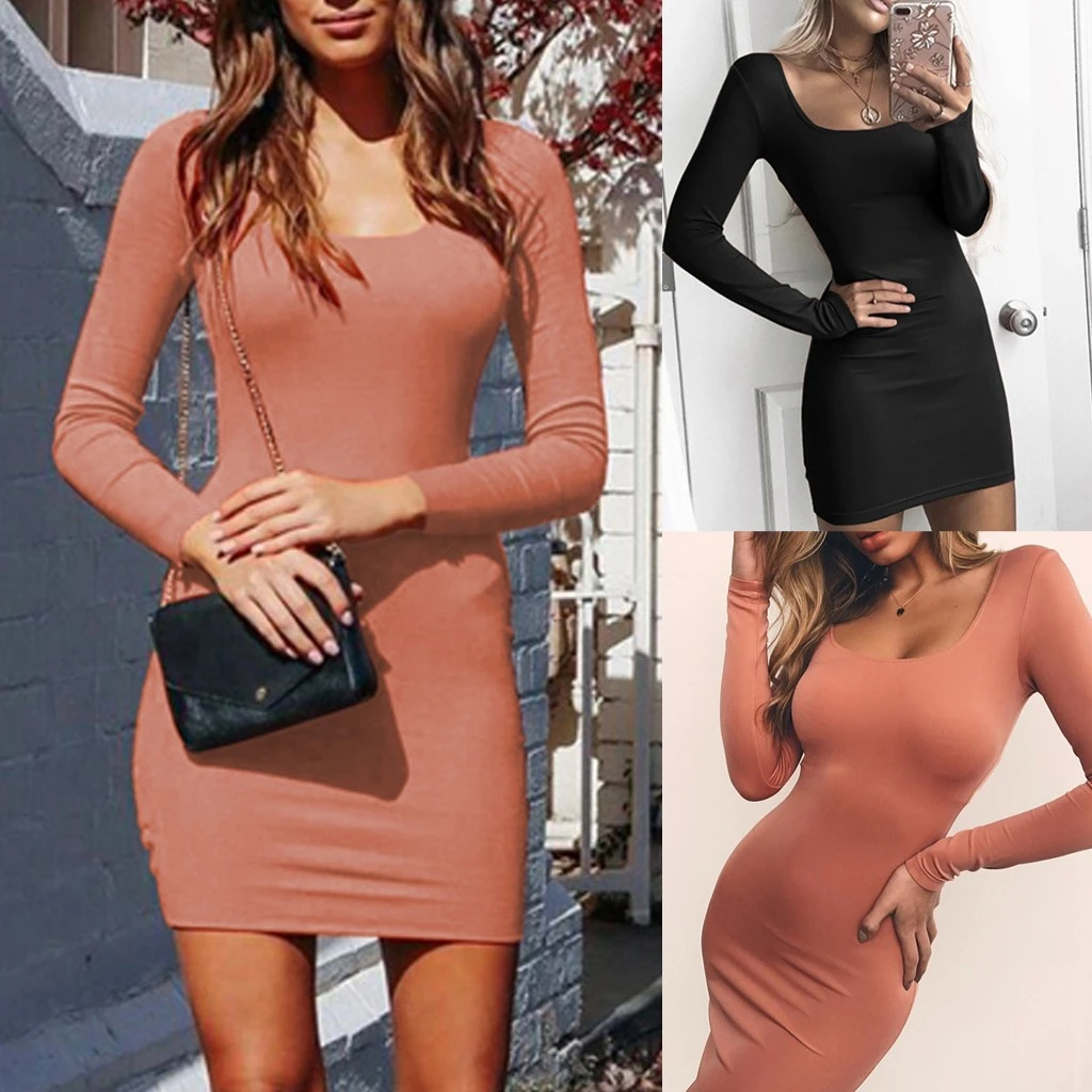 FREE OSTRICH Women Dress Women Square Collar Solid Color Sexy Long Sleeve Slim Bodycon Mini Dress Comfortable 725