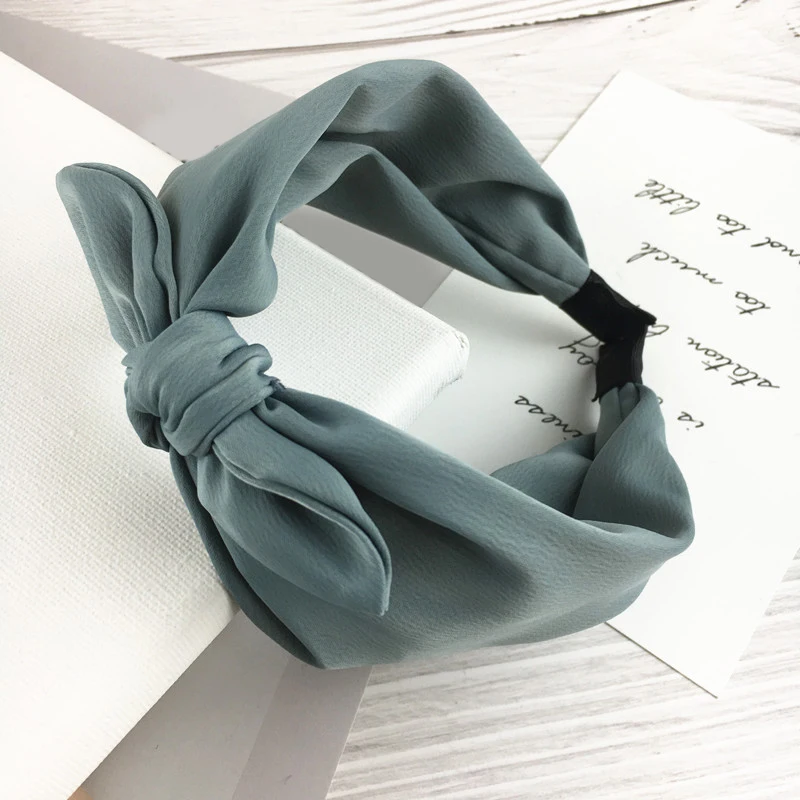Cute Women Girl Hair Hoop Band Rabbit Ears Headband Retro Satin Bow Vintage Solid Color Head Hoop Bezel Haar Hair Accessories - Цвет: lake green