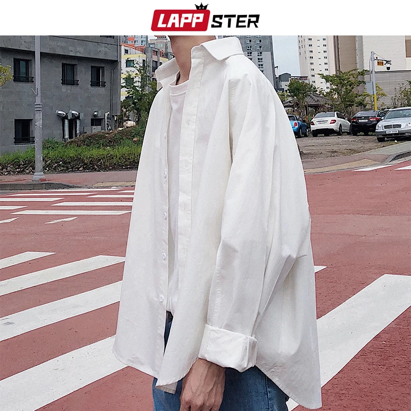 LAPPSTER Мужская Уличная однотонная кофточки оверсайз Мужская s Harajuku корейская мода рубашки с длинными рукавами Повседневная Осенняя черная рубашка
