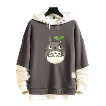 

Spring Cute Totoro Print Hoodies Women Long Sleeve Hooded Sweatshirt Plus Size Fake Two Pieces Tops Casual Loose Couple Clothing