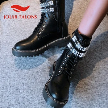 

JOUIR TALONS High Quality Shoes Big Size 40 Crystal Round Toe Cross-tied Square Thick Heels Autumn Ankle Boots