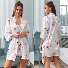 new ice silk cute pajamas women's summer sexy suspender set home clothes Nightgown morning gown two-piece skirt womens robes
