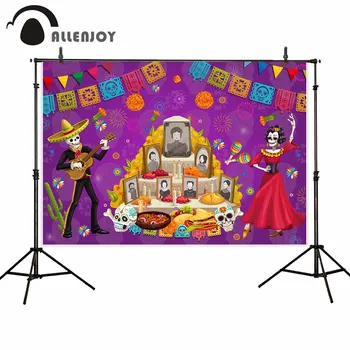 

Allenjoy Festival Party Banner Flag Shantou Cactus Firework Food Guitar Photocall Curtain Day Of The Dead Mexico Event Wallpaper