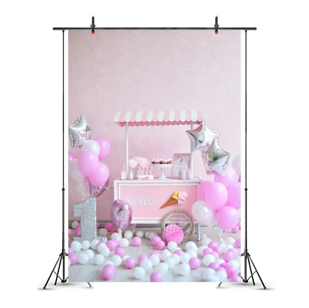 

Виниловый фон для фотосъемки с изображением розового десерта тележки воздушных шаров для девочек 1 год реквизит для фотостудии