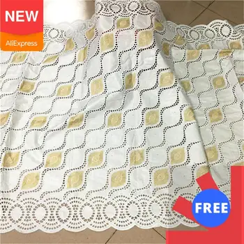 

White&Gold African Cotton Lace Fabric Cheap Price 2020 Bazin Riche Lace Cutout Nigerian Laces Fabric For Wedding Dress BL363