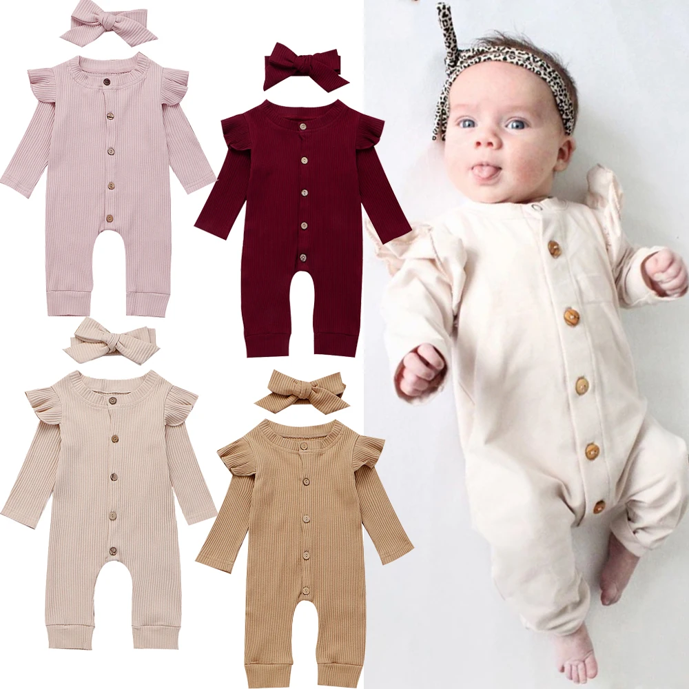 

Newborn Baby Romper Girl Autumn Clothes Long Sleeve Knitted Cotton Romper Button Ruffle Jumpsuit Headband Warm Outfits 0-24M