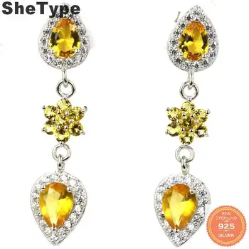 

40x10mm Romantic 5.0g Created Golden Citrine White CZ Gift For Girls 925 Solid Sterling Silver Stud Earrings