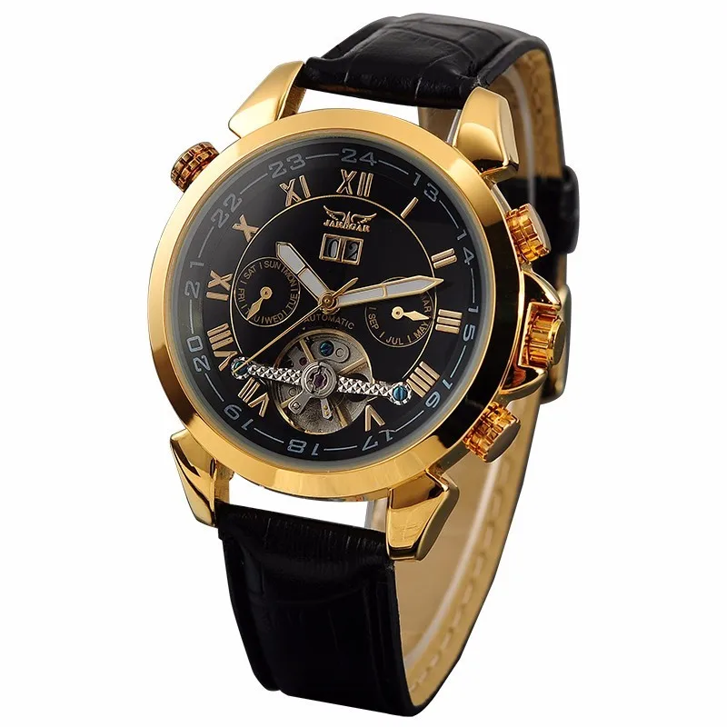 Модные JARAGAR, мужские Брендовые Часы, дата, кожа, Tourbillon, маховик, авто механические мужские часы, наручные часы, подарочная коробка - Цвет: Gold Case Black Dial