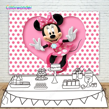 

Cartoon Character White Background with Red Dots Minnie Mouse Wearing the Pink Dress with Pink Heart Backdrops for Kids Birthday