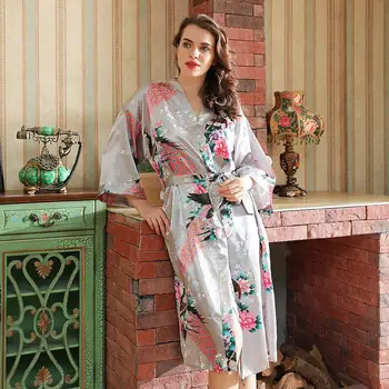 

Spring Autumn Loose Japanese silk Peacock Woman Yukata Dress Sleepwear Oriental Kimono Haori New Cardigan Fashion Nightgown Robe