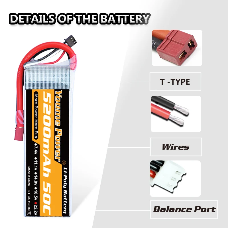 YOUME Lipo 3S 4S 11,1 V 14,8 V 5200MAH 2S 6S 7,4 V 22,2 V аккумулятор 5s 18,5 V 50C parts T для RC частей лодка автомобиль Квадрокоптер вертолет