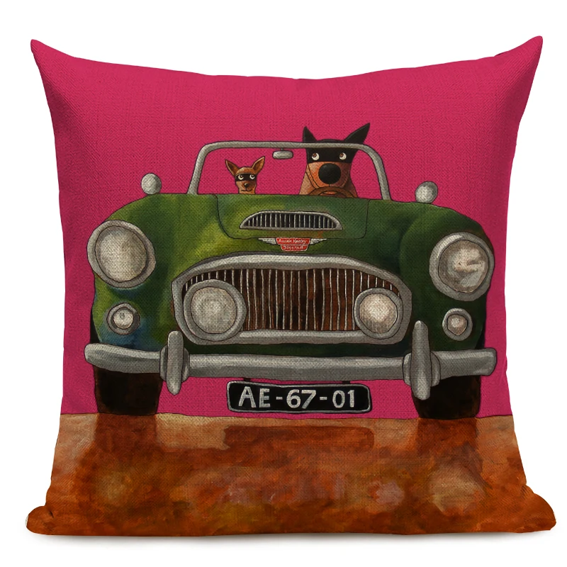 Hot Sale Pillow Lovely Cartoon Dog Cat Color Driving Car Vintage Almofadas 45X45CM Linen Pillow Decorative Linen Cushion Cover