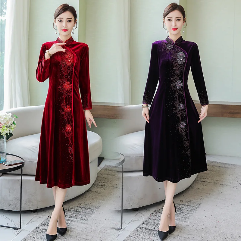 

2019 New Style Chinese-style Gold Velvet Cheongsam Improved Version Dress Traditional Hi Grandma Wedding Middle-aged Women Dress