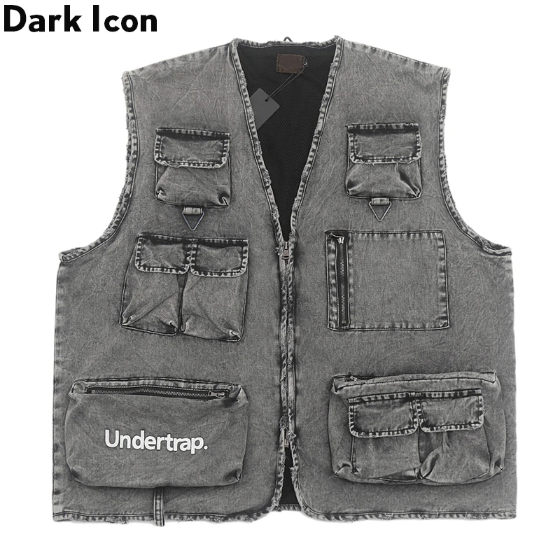

Dark Icon Multi Pockets Denim Gilet in Washing Grey Mesh Lining Hip Hop Vest Men Women Unisex Jackets Sleeveless Streetwear