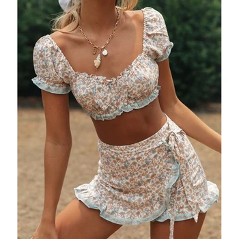 

Women Set Outfits Floral Short Sleeve Square Collar Short Crop Top Lace Up Irregular Ruffled Shorts Culottes Sexy 2Pcs Set