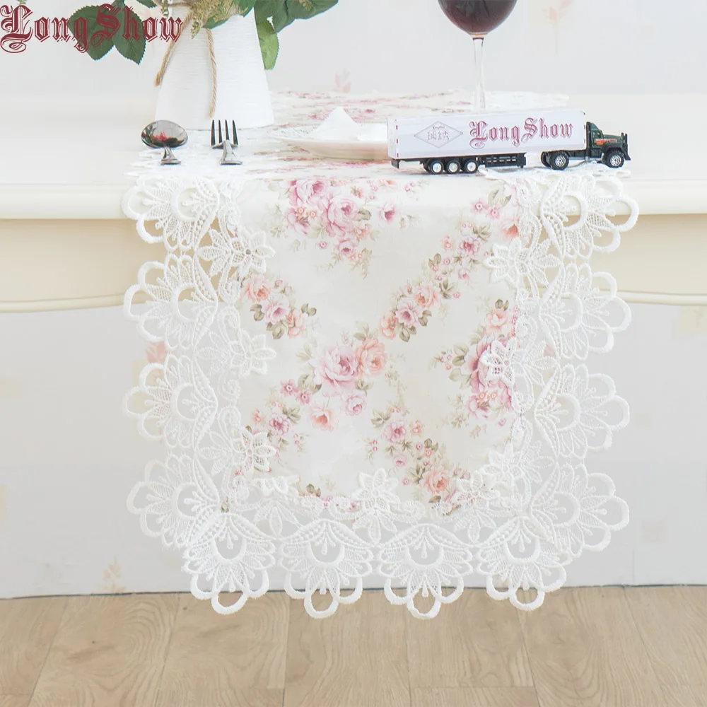 

Pastorale Style Floral Jacquard Pink Color Embroidered Lace Table Runner