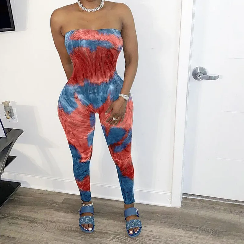 2020 Sexy Women Off Shoulder Strapless Jumpsuit One-piece Tie Dye Print Bodycon Slim Summer Rompers Causal Long Trousers 2020 Sexy Women Off Shoulder Strapless Jumpsuit One-piece Tie Dye Print Bodycon Slim Summer Rompers Causal Long Trousers