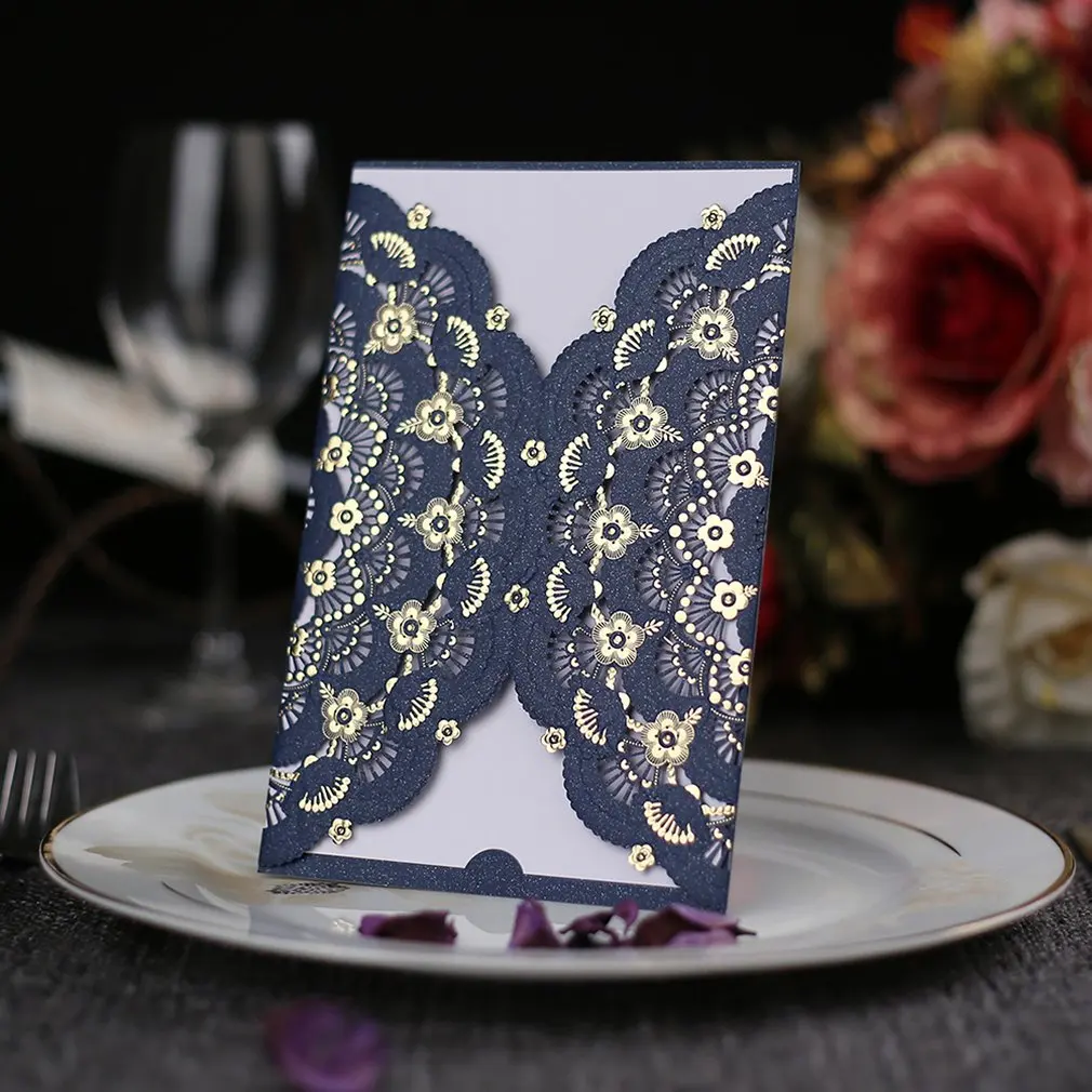  Graceful Sea Blue Laser Cut Florals Red Pocket Wedding Invitation Card With Insides Envelope Seal - 4.00058E+12